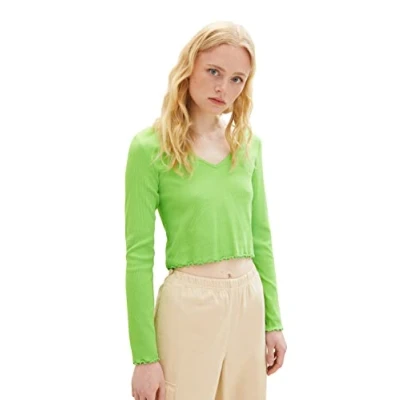 Image de TOM TAILOR Chemise Courte Femme en Denim à Manches Longues et Structure côtelée, 12318 vert Citron Liquide, XXL Dames