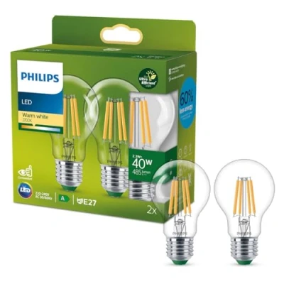 Image de Philips, ampoule LED Ultra Efficient Classe A, culot E27, transparente, équivalent 40W, blanc chaud, 2700K, verre, lot de 2