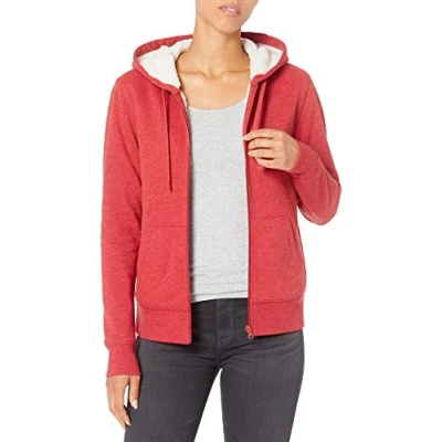 Image de Amazon Essentials Veste à capuche zippée en polaire, doublée de sherpa (disponible grandes tailles) Femme, Rouge Chiné, XS