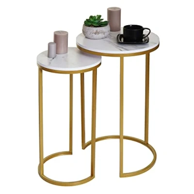 Image de Lot de 2 tables d&#039;appoint HWC K46 Aspect marbré Blanc or