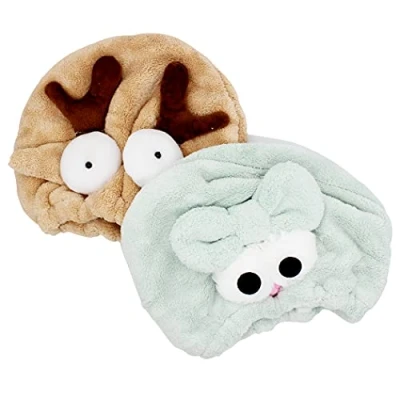 Image de Abcsea 2 Pièces Bonnets de Douche pour Enfants, Cheveux Séchage Serviettes, Serviette Turban Microfibre, Seche Rapide Enfant, Wapiti et Elfe Vert