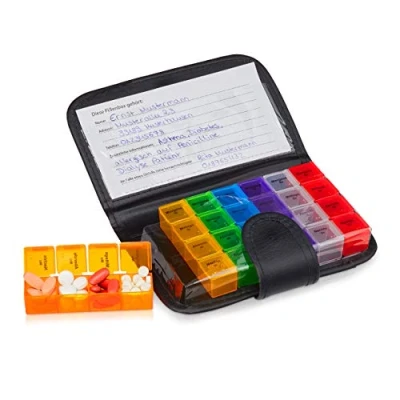 Image de Relaxdays 10029482 Pilulier étui boîtier 7 jours 4 compartiments allemand boîte médicaments semainier, noir, 19,5 x 13,5 3,5 cm