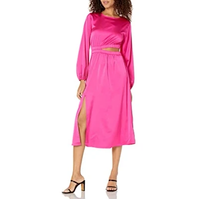 Image de The Drop Robe Midi Soyeuse À Manches Longues et avec Découpes, Style Pudique, Jacob pour Femme, Rose Incandescent, L