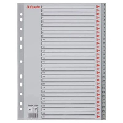 Image de Esselte Intercalaires A4 Touches 1 31, Extra Large, Gris, Onglets Renforcés en Plastique Résistant avec Table des Matières, 100108