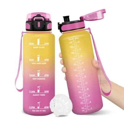 Image de Gourde, 1500ML Sans BPA, Gourde sport, Conception de Verrouillage Anti Fuite, Bouteille, Avec Horodatage, Bouteille Eau pour École, Yoga, En cours d&#039;exécution, Escalader Des Montagnes JauneRose