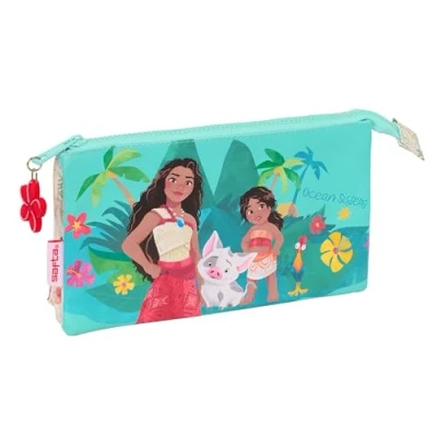 Image de Safta VAIANA Trousse triple pour enfant, idéale les enfants d&#039;âge scolaire, confortable et polyvalente, qualité résistance, 22 x 3 12 cm, beige/bleu, Estándar, Décontracté
