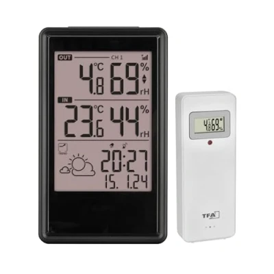 Image de TFA Dostmann Station météo sans fil avec capteur extérieur ETNA, 35.1173.01, température, humidité intérieur/extérieur, horloge radio pilotée, contrôle du climat intérieur, noir