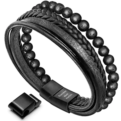 Image de murtoo Bracelet homme en cuir pour pierre naturelle(lava,noir)