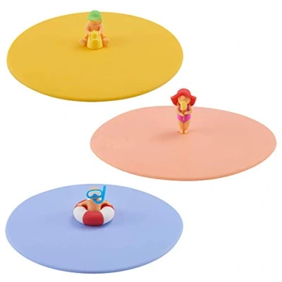 Image de Lurch Mein 210301 Lot de 3 couvercles Beach Kids en silicone platine sans BPA (glace, Simon Sandburg, Roland Ring), diamètre 10,5 cm, couleur pêche, bleu/jaune