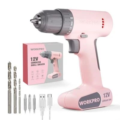 Image de WORKPRO Perceuse Visseuse sans Fil 12V Tout en un avec Mandrin 10mm(3/8&quot;) et Batterie 1500mAh, Charge Facile par USB de Type C, Réglage Couple 17 + 1, 3 Forets HSS Embouts à Double Tête