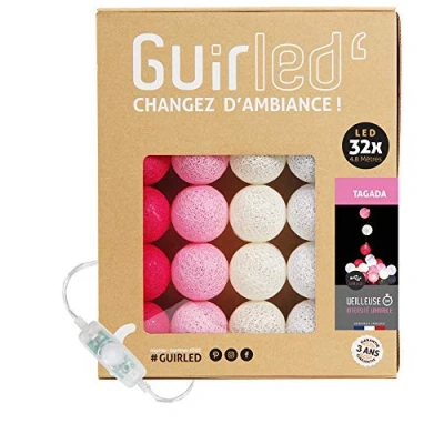 Image de GuirLED Guirlande lumineuse boules coton LED USB Veilleuse bébé 2h Adaptateur secteur double 2A inclus 3 intensités 32 3.2m Tagada