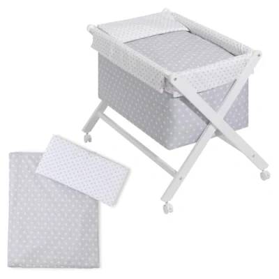 Image de Interbaby Berceau en Croix Hêtre Blanc + Parure Nacelle Matelas Modèle Etoile Gris