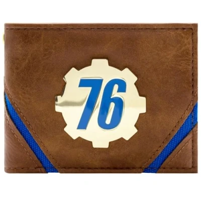 Image de Fallout 76 Insigne en Métal Doré Vault Tec à Emblème Cog Portefeuille Bi Fold pour ID &amp; Porte Carte, Marron, Taille Unique, Unique