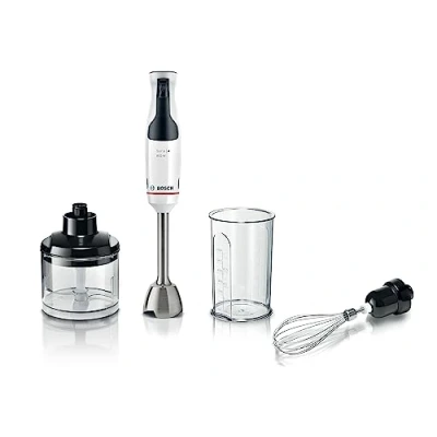 Image de Bosch, mixeur plongeant, ErgoMaster Série 4, moteur 800 watts, variateur de vitesse, système mixage QuattroBlade, accessoires inclus, blanc, MSM4W421