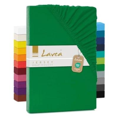 Image de Drap housse en jersey Lavea Série Maya 120 x 200 cm Vert forêt 100 % coton Finition de qualité supérieure Avec élastique