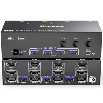 Image de KVM Switch 3 moniteurs ordinateurs 8K@60Hz 4K@144Hz, HDMI + 2 Displayport Commutateur triple moniteur pour PC partagés et 4 ports USB3.0,télécommande filaire 5 câbles inclus