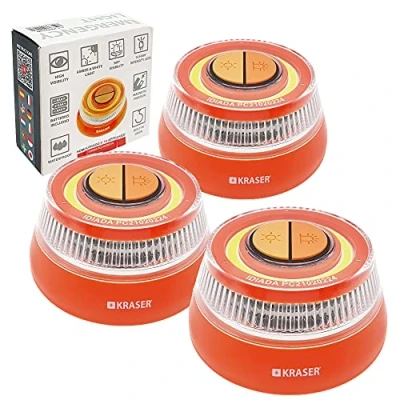 Image de KRASER KR4V16NP3 Pack 3 Éclairage de Secours Voiture Signalisation Lumineuse Route, Lumière Urgence Gyrophare LED Intensité, Homologué Balise Magnétique, Autonome Compacte + Lampe Poche