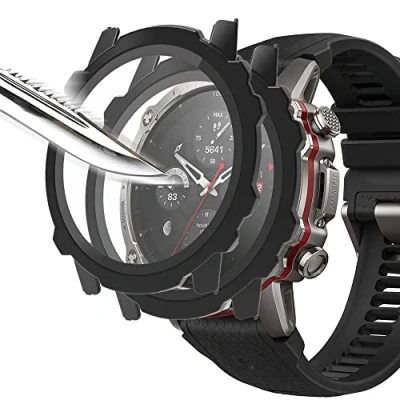 Image de Msiall [2 pièces noir avec Film de protection d&#039;écran en verre trempé pour Amazfit Falcon, étui PC dureté 9H, pare chocs, complet mince Smart Falcon