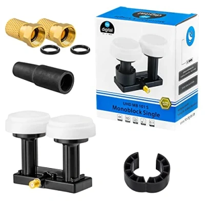 Image de hb digital UHD Monobloc Single LNB LNC 1 participant direct 2 satellites Astra 19,2 Hotbird 13 Full HD TV 3D Ultra 4K Noir + fiches F 8,2 mm plaquées or douille en caoutchouc