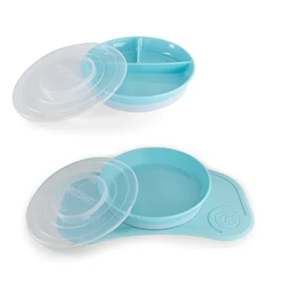 Image de Twistshake Set De Vaisselle Bébé Mini + Assiette Divisée Ventouse Table (31x17cm) Sans BPA D&#039;apprentissage L&#039;alimentation Bleu