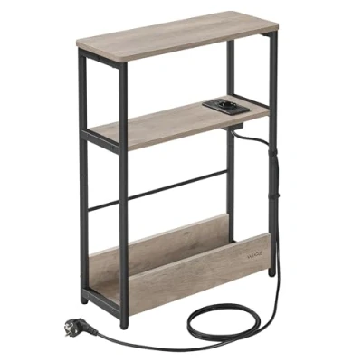 Image de VASAGLE Table d’Appoint Fine avec Multiprise, de Chevet à 3 Niveaux, Bout Canapé, pour Petits Espaces, Porte Magazines, Salon, Chambre, Bureau, Grège Chiné et Noir d&#039;encre LET335K05
