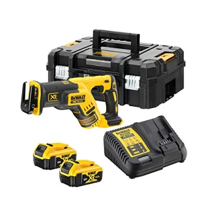Image de DeWalt Scie Sabre Compact Brushless XR 18V 5 Ah DCS367P2 QW Électrique sans Fil avec Coffret TSTAK, 2 Batteries et Chargeur Vitesse 2900tr/min Coupe Bois 300mm/Acier 100mm Noir/Jaune