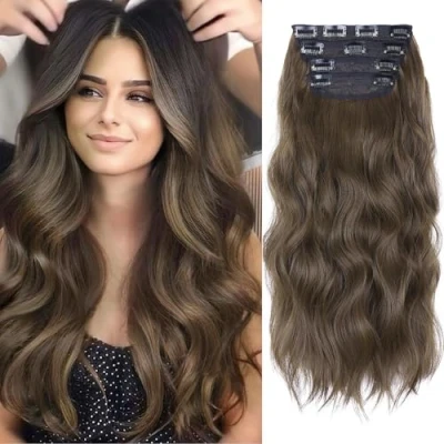 Image de Lot de 4 extensions cheveux synthétiques à clipser 50,8 cm Brun foncé