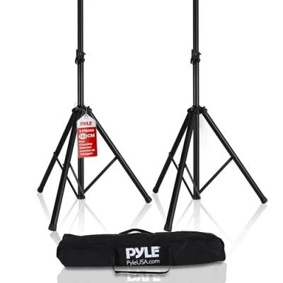 Image de Pyle Supports Pieds d&#039;Enceinte, Trépied de Haut Parleurs, Hauteur Réglable, en Acier Robuste et Léger pour Une Mobilité Facile, Verrous à Vis Sécurité Goupille, Ensemble 2 Pièces, Noir