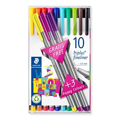 Image de Staedtler, Feutre d&#039;écriture à pointe superfine, forme triangulaire pour une écriture confortable, Lot de 10 fineliner + 3 broadliner offerts, 334 TB13