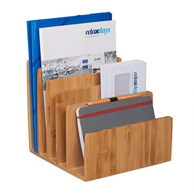 Image de relaxdays Support à Documents en Bambou, 5 Compartiments, Lettres, dossiers, Organiseur, 23 x 24,5 25,5 cm, Nature