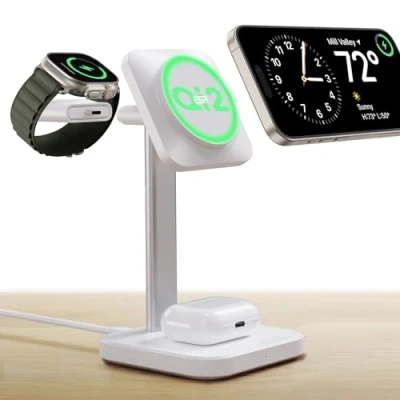 Image de ESR Qi2 Station de Charge sans Fil 3 en 1, [Certifié] Chargeur Apple Watch et Support 15 W MagSafe Pour iPhone, Plusieurs Appareils, iPhone 16/15/14/13, Montre AirPods 4, Blanc