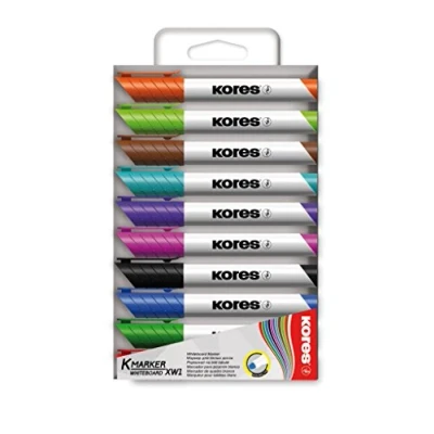 Image de Kores K Marker XW2 : Marqueurs de couleur pour tableau blanc avec pointe biseautée, effaçable à sec et encre faible odeur, fournitures scolaires bureau, lot 10 couleurs assorties