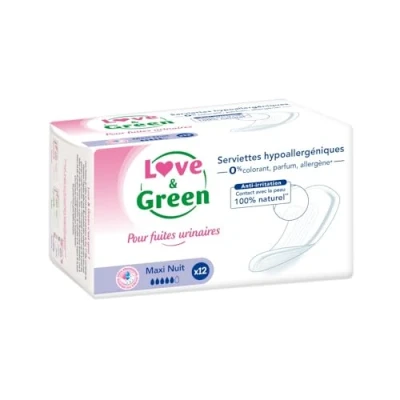 Image de Love &amp; Green Serviettes Incontinence / fuites urinaires Protections écologiques absorbantes pour légères à modérées MAXI NUIT 12 unités