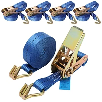 Image de BOMKEE Sangles d&#039;arrimage à cliquet, Lot de 4 Tension Résistantes Serrage réglables Robustes 5m x 25 mm Sangle Cliquet avec Crochet pour Moto, fret, camions, remorque