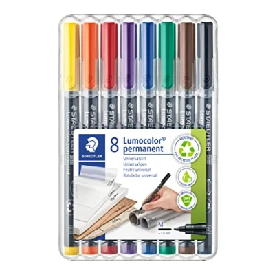 Image de Staedtler Lumocolor 317, Feutres permanents à Pointe moyenne pour toutes les surfaces, Sans xylène ni toluène, Set de 8 couleurs lumineuses, ogive 1.0 mm, 317 WP8