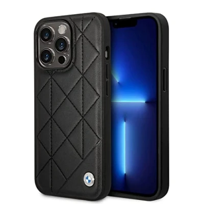 Image de CG MOBILE BMW Signature Collection Coque de téléphone pour iPhone 14 Pro Motif matelassé noir Étui protection en cuir véritable durable avec facile à clipser, absorption des chocs et logo