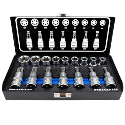Image de Haskyy Professional 16 pièces Jeu de douilles Torx d&#039;embouts I d&#039;écrous T30 T70 55mm long E10 E20 39mm