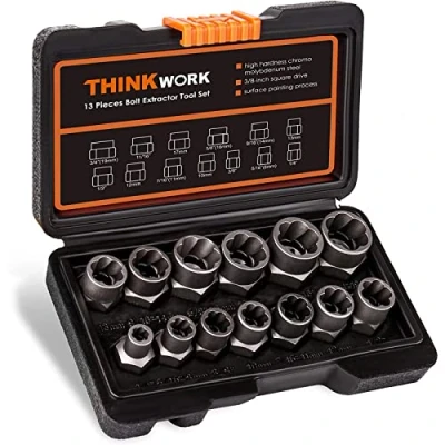 Image de THINKWORK Ensemble d&#039;extracteurs d&#039;écrous endommagés et de boulons, 13+1 , outils retrait, Entraînement carré 3/8&quot;