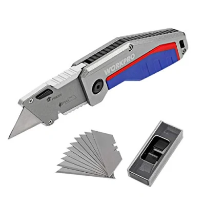 Image de WORKPRO Cutter Utilitaire Couteau Pliant avec Mécanisme de Changement Rapide Poignée en Alu Antidérapant, 10 Lames Supplémentaires Incluses