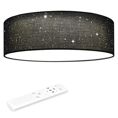 Image de Navaris Plafonnier LED 22W Rond 40cm Ø Design Tissu Gris Foncé Effet Etoilé Lumière Variable avec Changement de Température Couleur et Télécommande