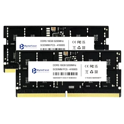 Image de ByteFest RAM DDR5 32Go Kit (2x16Go) 5200MHz CL42 SODIMM 1.1V Haute Performance Mémoire pour Ordinateur Portable