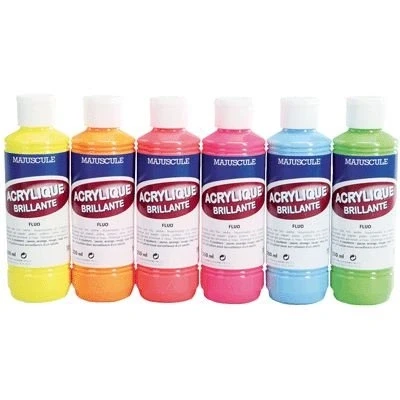 Image de Majuscule boîte De 6 Flacons 250 Ml Acrylique Fluo. Couleurs Assorties : Jaune, Orange, Rouge, Rose, Bleu Et Vert