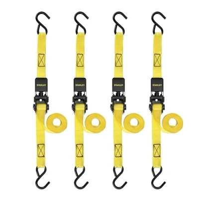 Image de STANLEY S9500 Lot de 4 Sangles à cliquet Noir/Jaune 2,5 cm x 3 m Cargo léger (Charge Travail 136 kg/résistance la Rupture 408 kg)
