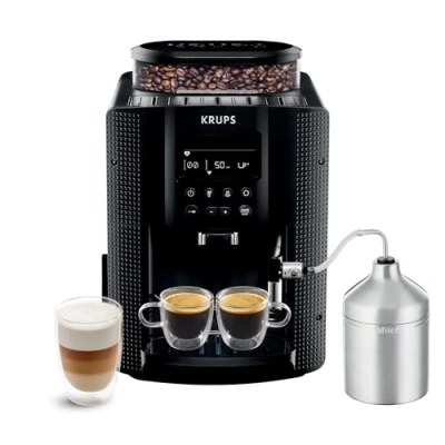 Image de Krups Essential Machine à café grain, Broyeur Cafetière Expresso, Ecran LCD, Nettoyage automatique, Buse vapeur, Pot lait inox pour Cappuccino EA816031, Noir