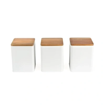 Image de Salter BW12898WEU7 Toronto ensemble de 3 boîtes stockage pour thé, café, sucre, fini mat enduit poudre, couvercles en bois d&#039;acacia, nettoyage facile, bocaux compacts, blanc