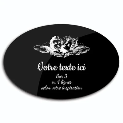 Image de Plaque gravée funéraire motif Deux têtes d&#039;anges autocollante modèle ovale (20x13 cm) personnalisée 1 à 3 lignes Noir