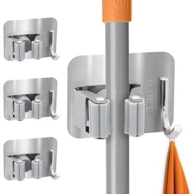 Image de ECENCE 4x porte outils auto adhésif avec crochets balais, support mural pour la cuisine, buanderie, salle de bain, universel à fixation rapide Argent