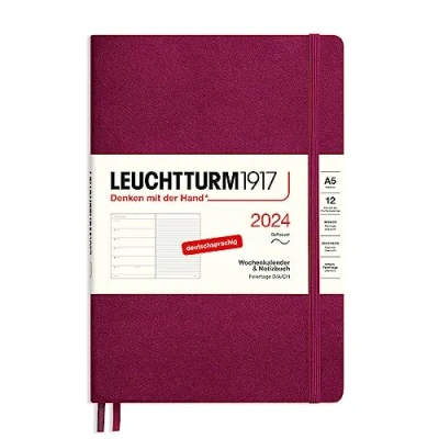 Image de LEUCHTTURM1917 367779 Agenda semainier et bloc notes 2024, format moyen (A5), couverture souple, Port Red, en allemand, 12 mois