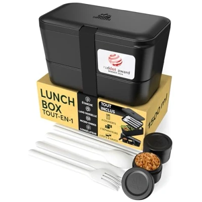 Image de Umami Bento Lunch Box, Couverts &amp; 2 Pots à Sauce Inclus, Boîte Bento, Lunchbox Micro Ondable, Adulte Encastrable, Repas 4 Compartiments,