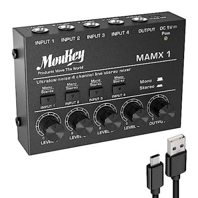 Image de Moukey Mélangeur Audio Stéréo pour studio, 4 canaux clubs, bars, scène, table de mixage, guitare, basse, clavier, MAMX1